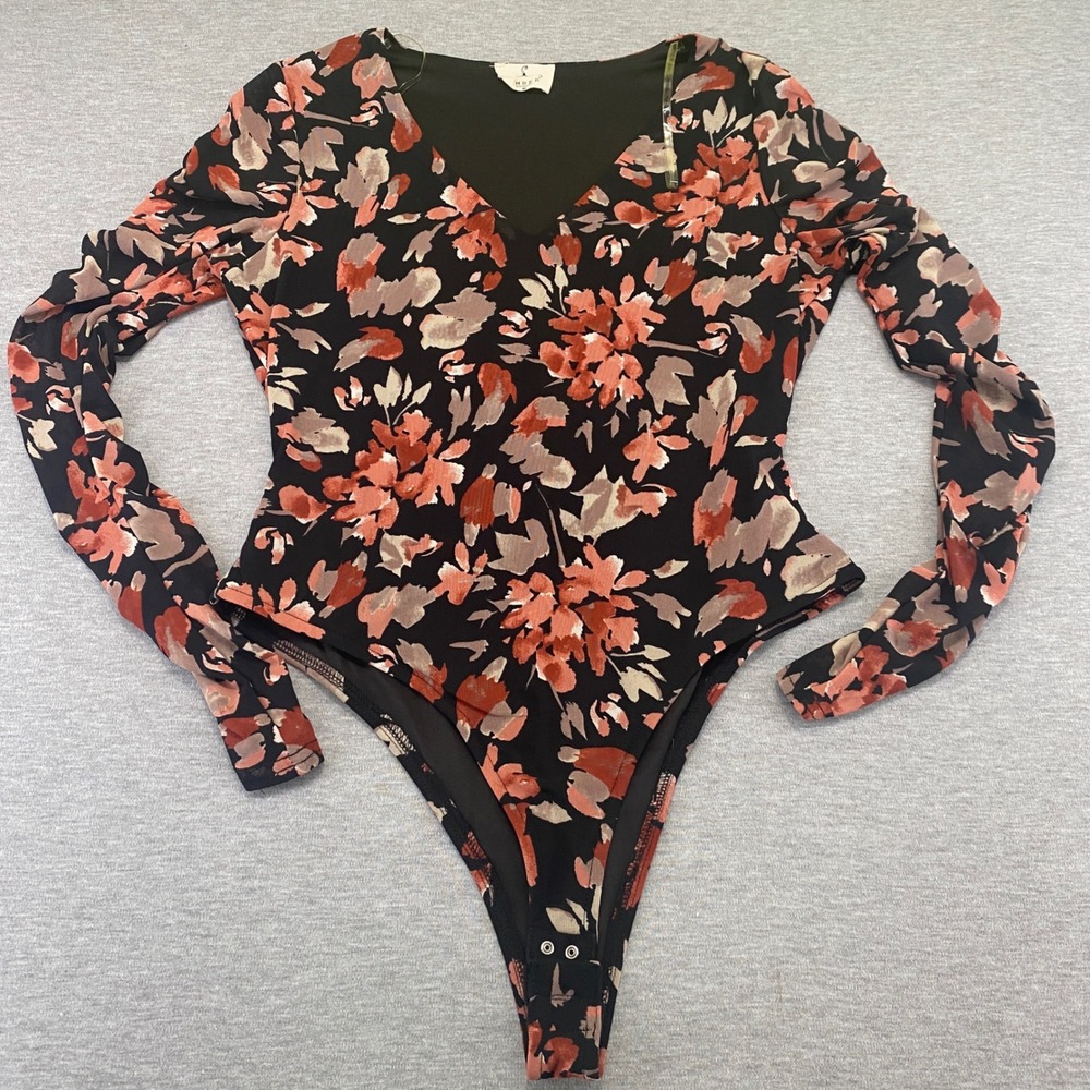 Ember Whimsigoth Bodysuit Women M Floral Ruched Long Sleeve V-Neck Snap Closure
